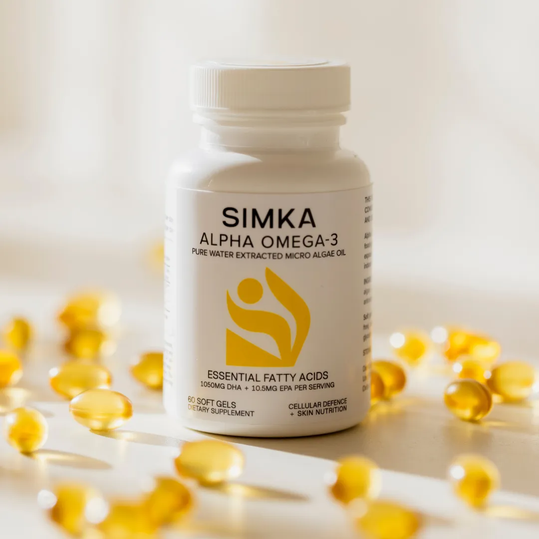 SIMKA Alpha Omega-3 supplement bottle with soft gels