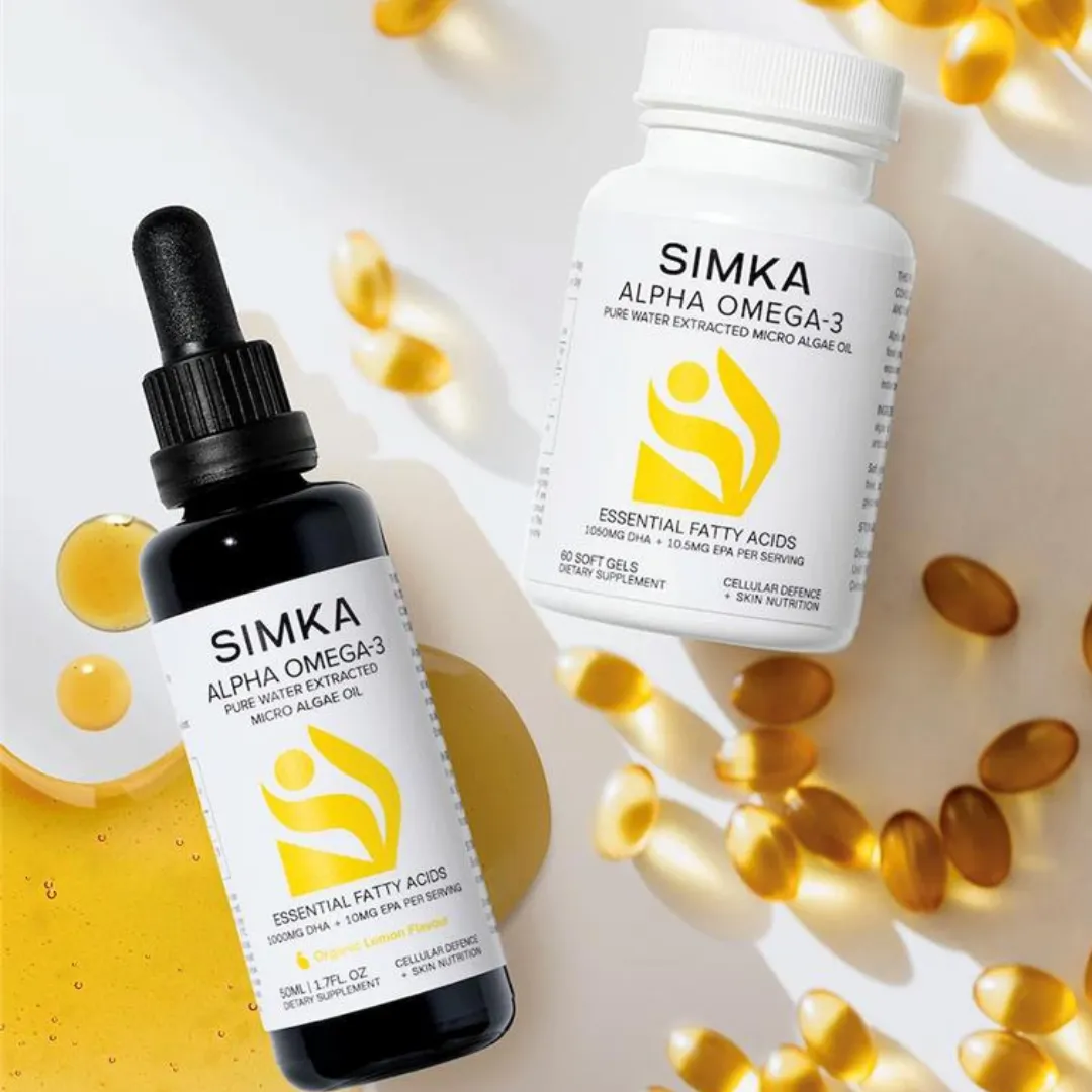 SIMKA Alpha Omega-3 supplement bottles and capsules