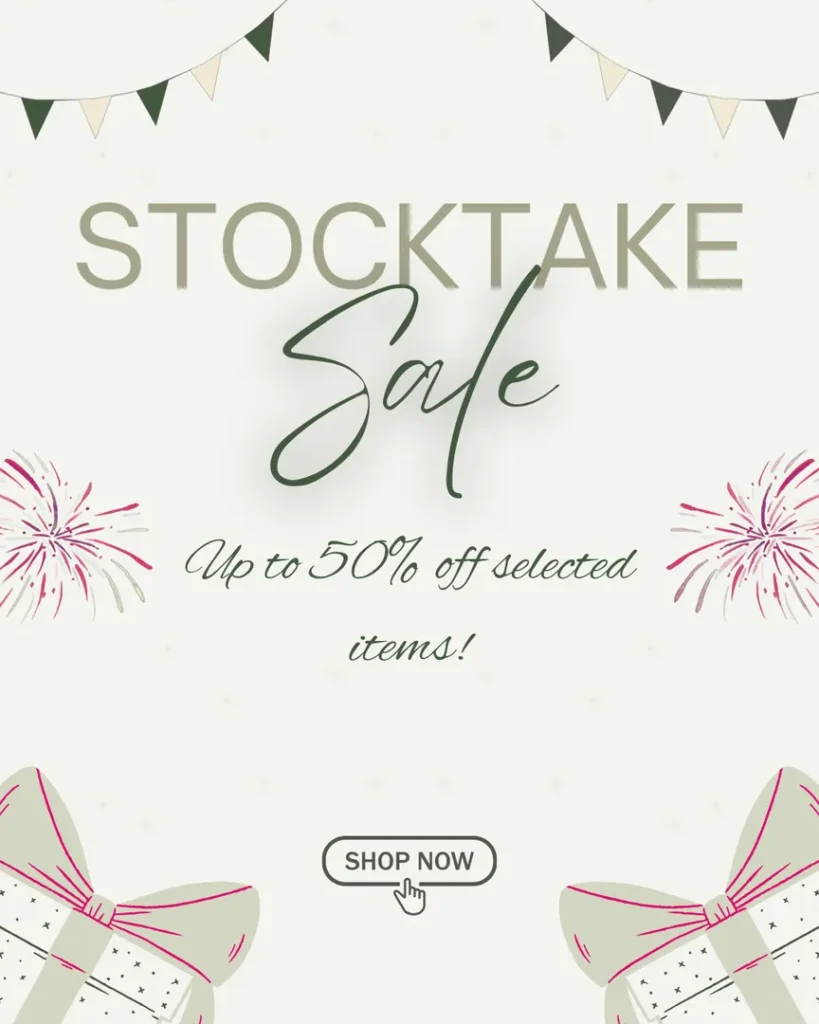 Stocktake sale banner with 50% off offer